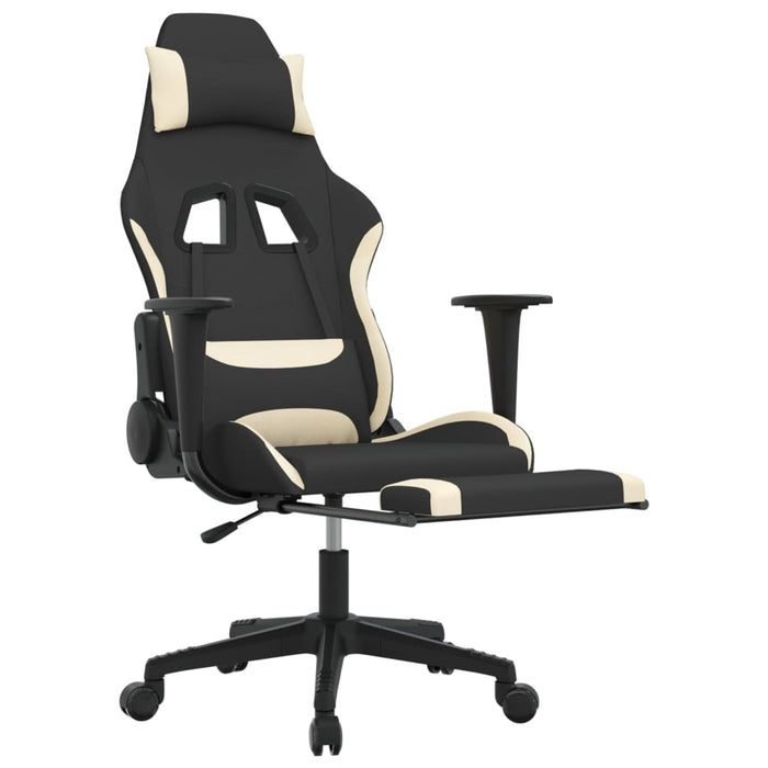 Scaun de gaming cu suport picioare, negru și crem, textil WALTI