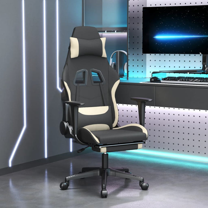 Scaun de gaming cu suport picioare, negru și crem, textil WALTI