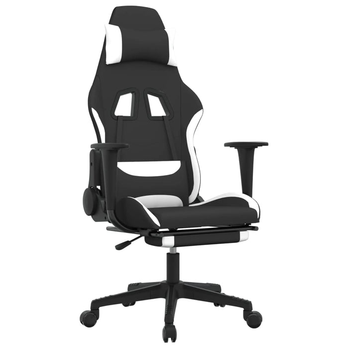 Scaun de gaming cu suport picioare, negru și alb, textil WALTI