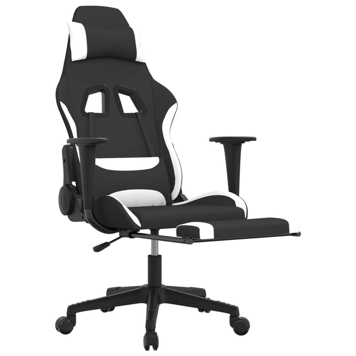 Scaun de gaming cu suport picioare, negru și alb, textil WALTI