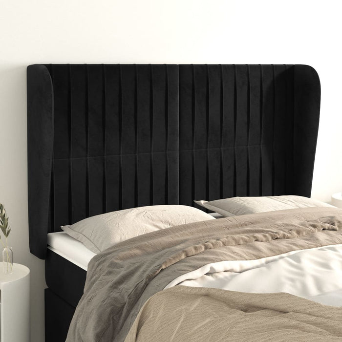 Tăblie de pat cu aripioare, negru, 147x23x118/128 cm, catifea WALTI