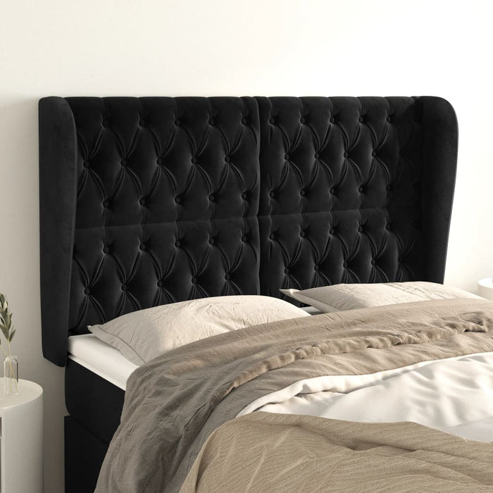 Tăblie de pat cu aripioare, negru, 147x23x118/128 cm, catifea WALTI