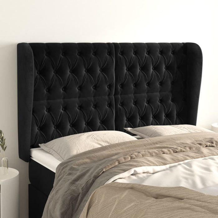 Tăblie de pat cu aripioare, negru, 163x23x118/128 cm, catifea WALTI