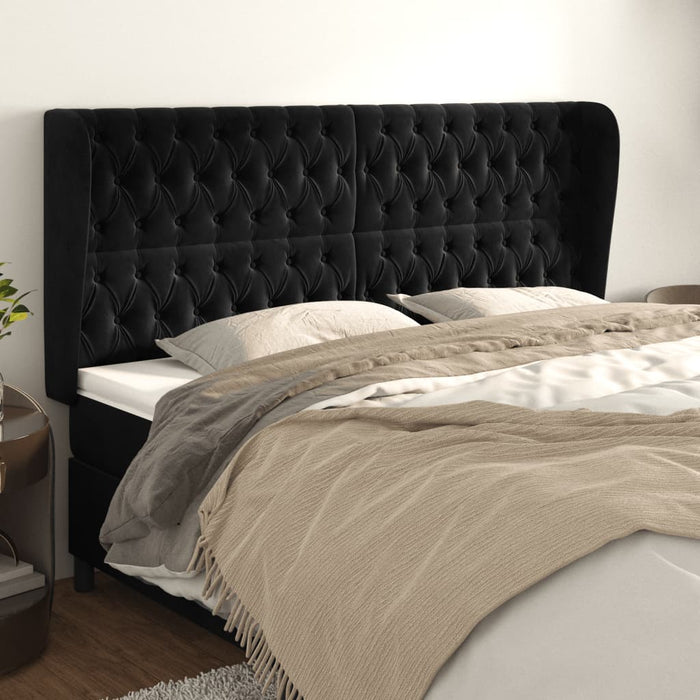Tăblie de pat cu aripioare, negru, 203x23x118/128 cm, catifea WALTI