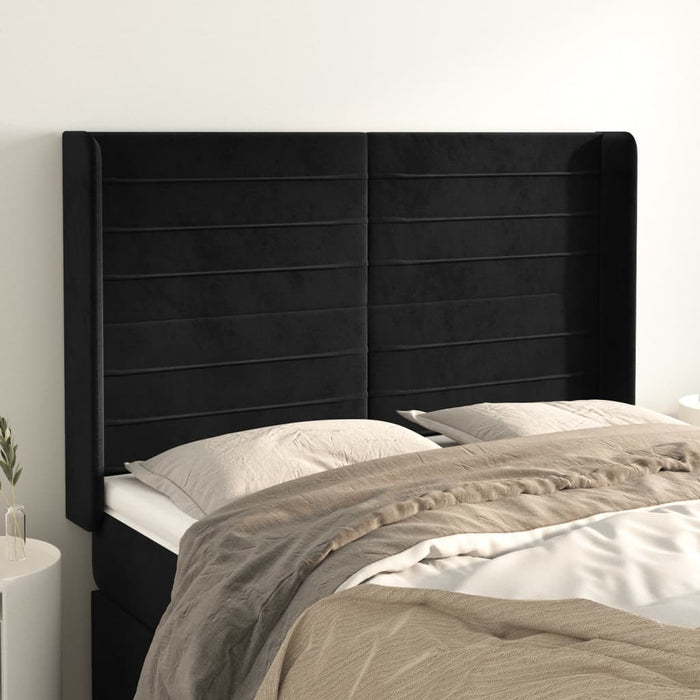 Tăblie de pat cu aripioare, negru, 147x16x118/128 cm, catifea WALTI