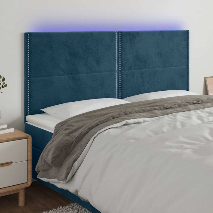 Tăblie de pat cu LED, albastru închis, 160x5x118/128cm, catifea WALTI