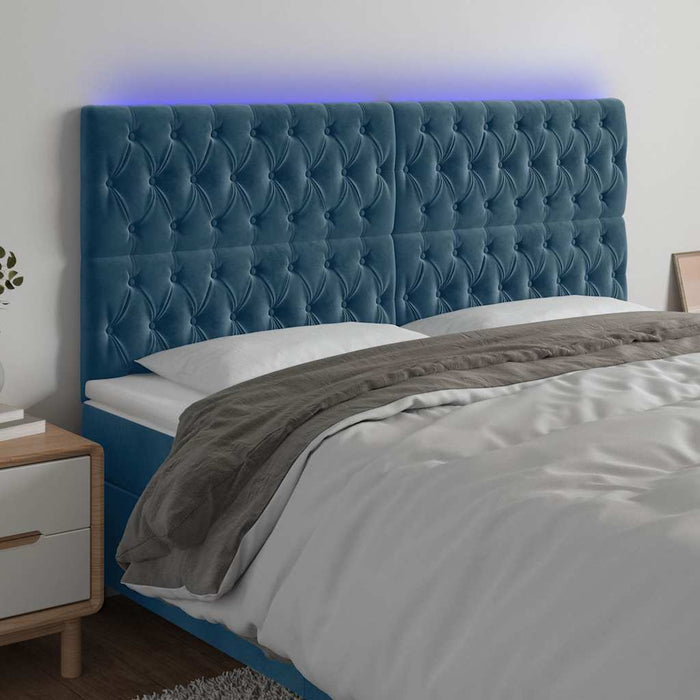 Tăblie de pat cu LED, albastru închis, 180x7x118/128cm, catifea WALTI