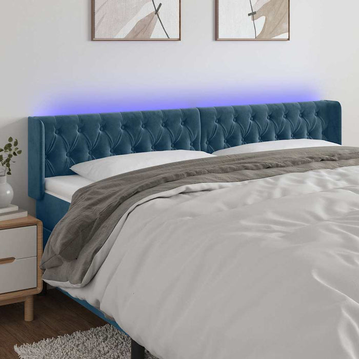 Tăblie de pat cu LED, albastru închis, 183x16x78/88 cm, catifea WALTI