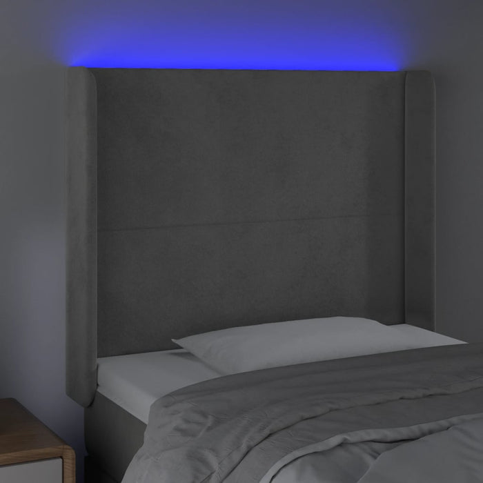 Tăblie de pat cu LED, gri deschis, 83x16x118/128 cm, catifea WALTI