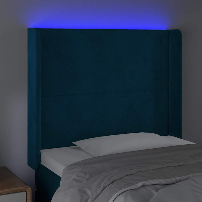 Tăblie de pat cu LED, albastru închis, 83x16x118/128cm, catifea WALTI