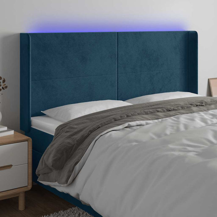 Tăblie de pat cu LED, albastru închis, 203x16x118/128cm catifea - WALTI WALTI