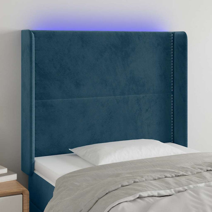 Tăblie de pat cu LED, albastru închis, 93x16x118/128cm, catifea WALTI