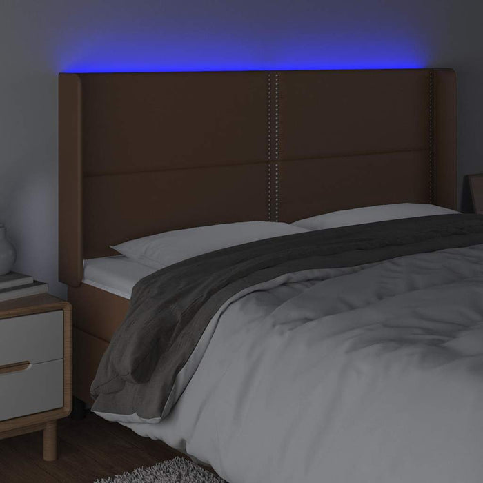 Tăblie de pat cu LED, maro, 183x16x118/128 cm, piele ecologică WALTI