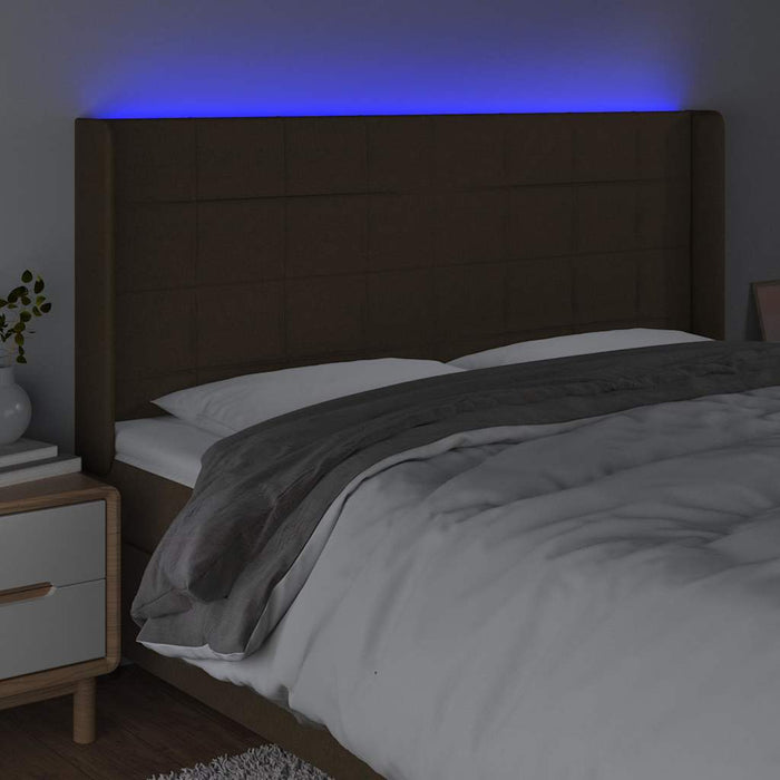 Tăblie de pat cu LED, maro închis, 163x16x118/128 cm, textil WALTI