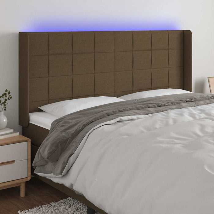 Tăblie de pat cu LED, maro închis, 163x16x118/128 cm, textil WALTI