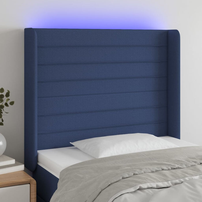 Tăblie de pat cu LED, albastru, 83x16x118/128 cm, textil WALTI