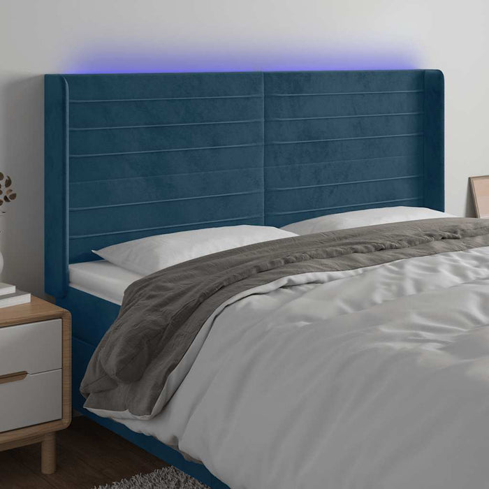 Tăblie de pat cu LED, albastru închis, 203x16x118/128cm catifea - WALTI WALTI