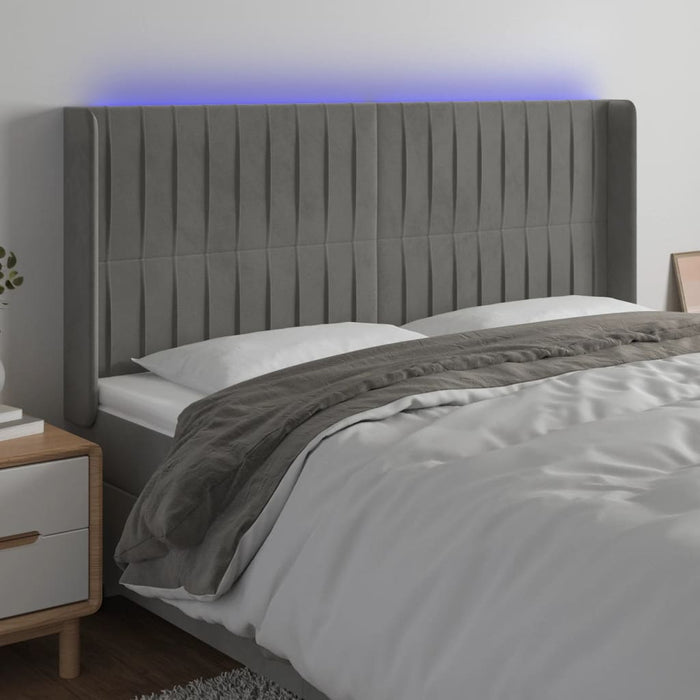 Tăblie de pat cu LED, gri deschis, 163x16x118/128 cm, catifea WALTI