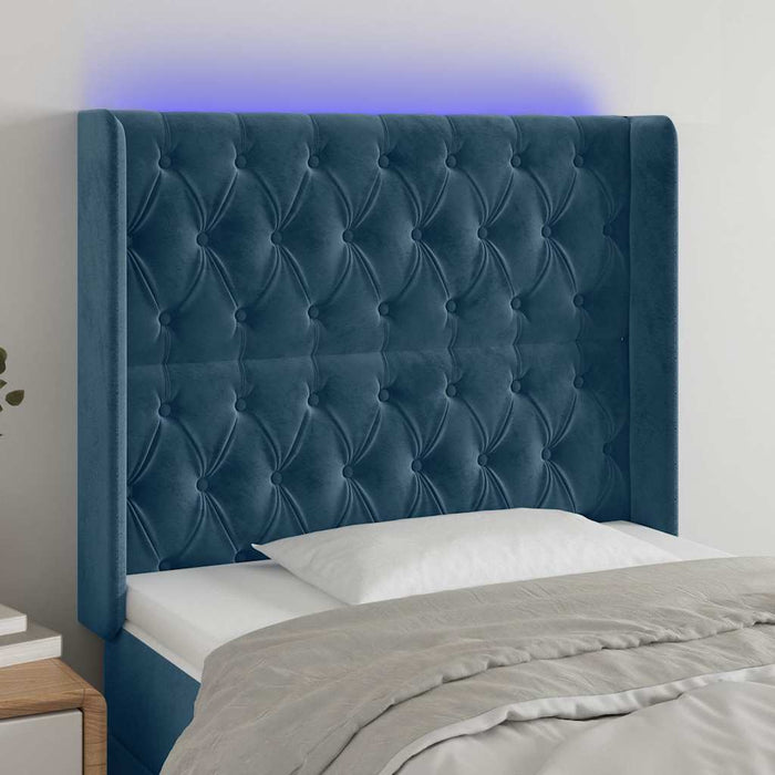 Tăblie de pat cu LED, albastru închis, 93x16x118/128cm, catifea WALTI