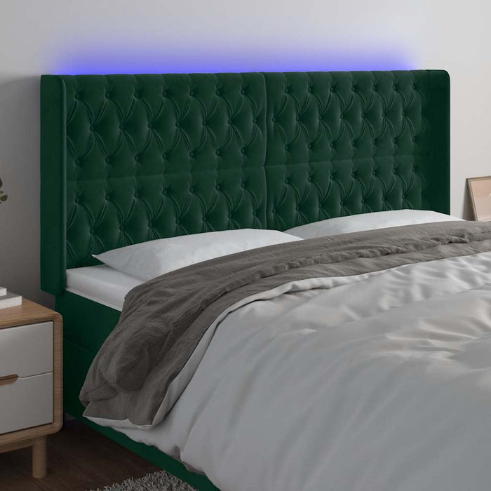 Tăblie de pat cu LED, verde închis, 183x16x118/128 cm, catifea WALTI