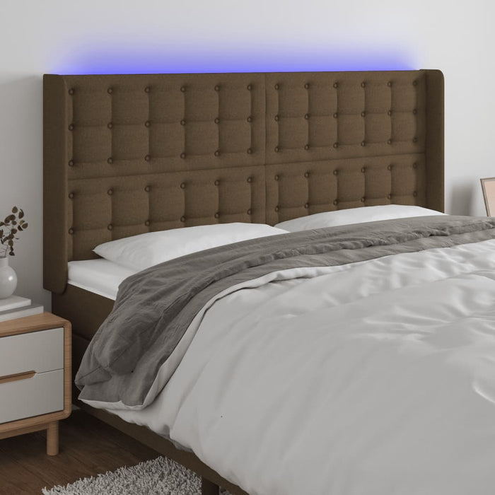 Tăblie de pat cu LED, maro închis, 163x16x118/128 cm, textil WALTI