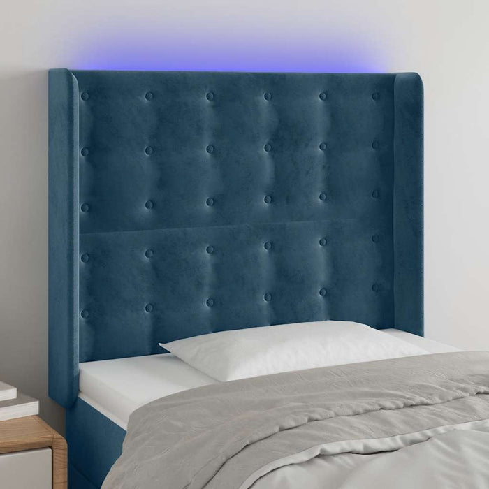 Tăblie de pat cu LED, albastru închis, 93x16x118/128cm, catifea WALTI