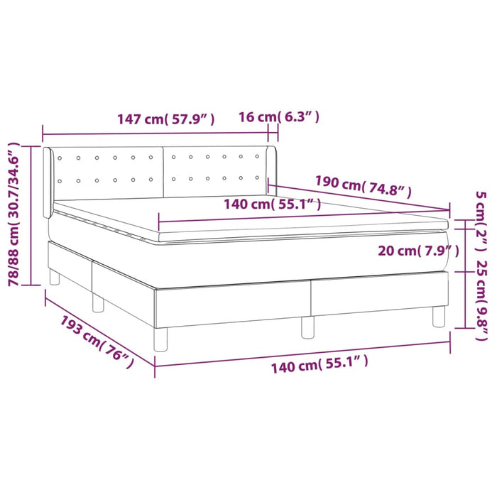 Pat box spring cu saltea, gri închis, 140x190 cm, catifea - WALTI WALTI