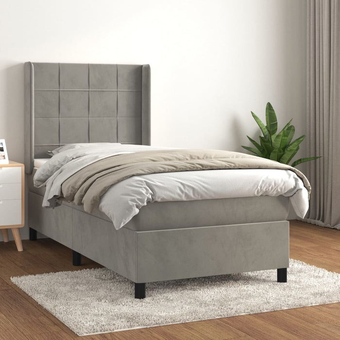 Pat box spring cu saltea, gri deschis, 90x200 cm, catifea - WALTI WALTI