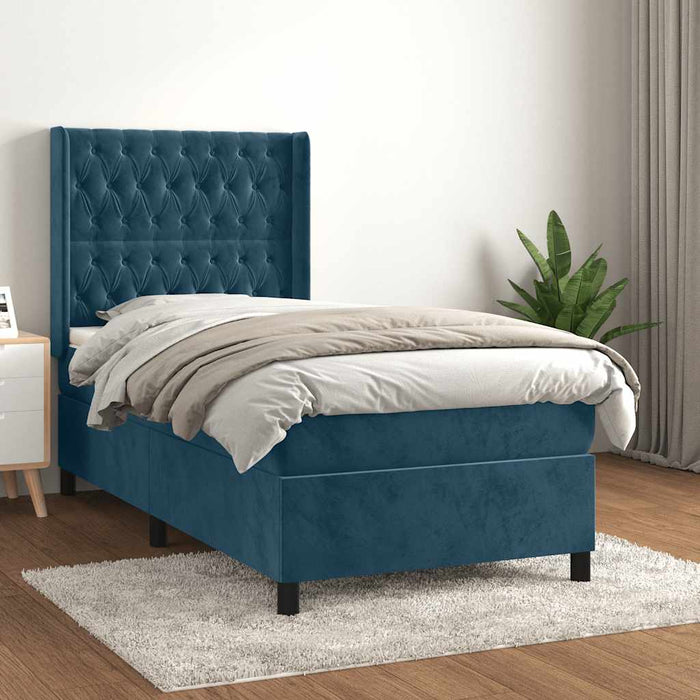 Pat box spring cu saltea, albastru închis, 80x200 cm, catifea WALTI