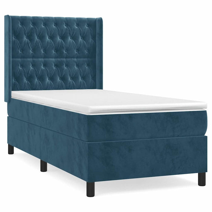 Pat box spring cu saltea, albastru închis, 90x190 cm, catifea WALTI