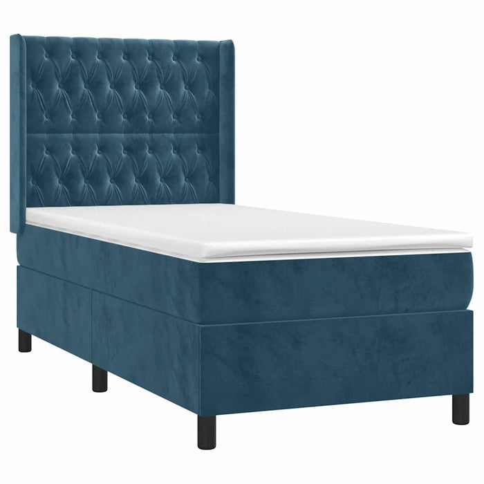 Pat box spring cu saltea, albastru închis, 90x190 cm, catifea WALTI