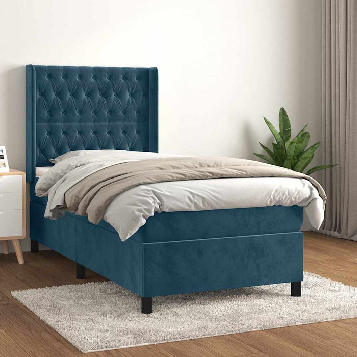 Pat box spring cu saltea, albastru închis, 90x190 cm, catifea WALTI