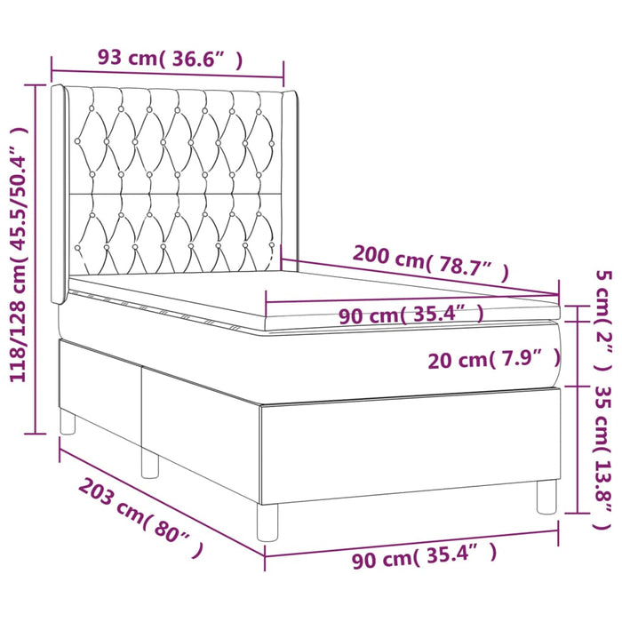 Pat box spring cu saltea, negru, 90x200 cm, catifea WALTI