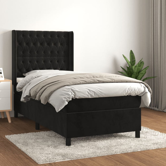 Pat box spring cu saltea, negru, 90x200 cm, catifea WALTI