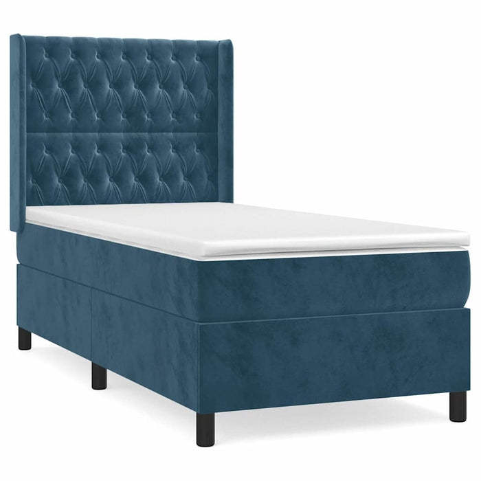 Pat box spring cu saltea, albastru închis, 90x200 cm, catifea WALTI