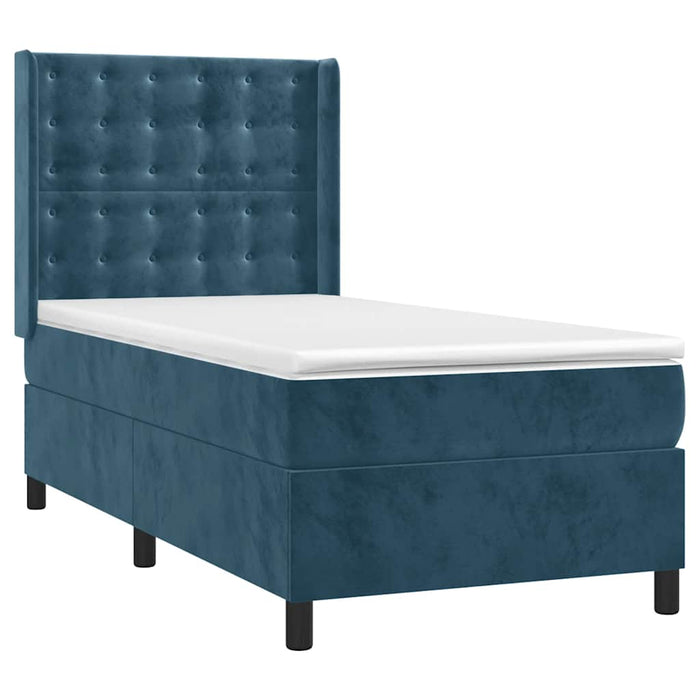 Pat box spring cu saltea, albastru închis, 90x190 cm, catifea WALTI