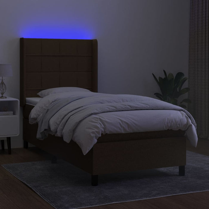 Pat cu arcuri, saltea și LED, maro închis, 80x200 cm, textil WALTI