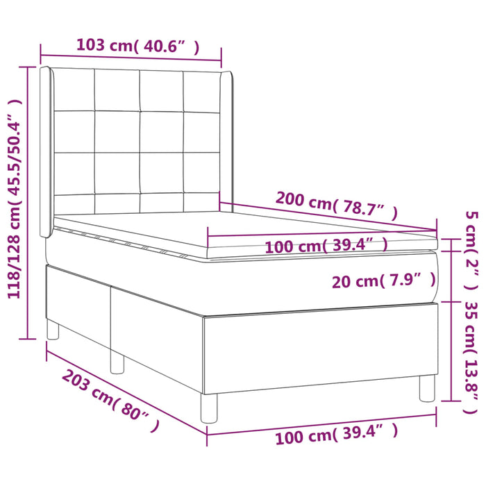 Pat cu arcuri, saltea și LED, gri închis, 100x200 cm, textil WALTI