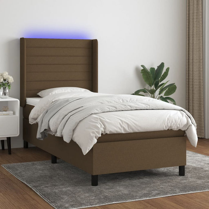 Pat cu arcuri, saltea și LED, maro închis, 90x190 cm, textil WALTI