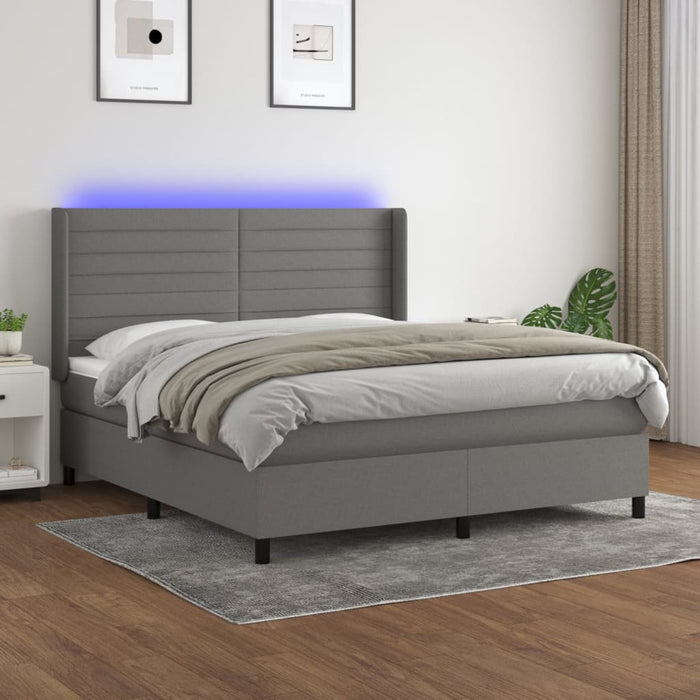Pat cu arcuri, saltea și LED, gri închis, 160x200 cm, textil WALTI