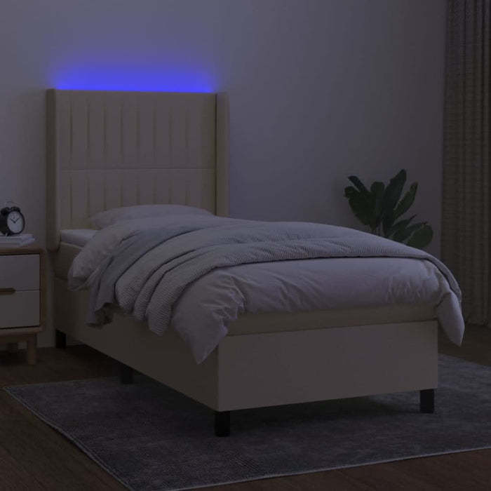 Pat cu arcuri, saltea și LED, crem, 90x190 cm, textil WALTI
