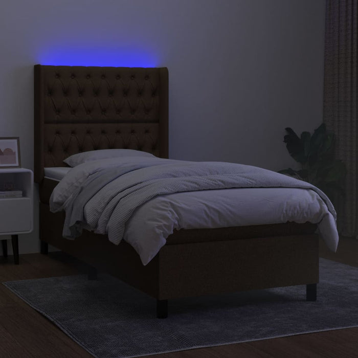 Pat cu arcuri, saltea și LED, maro închis, 90x200 cm, textil WALTI