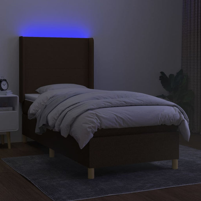 Pat cu arcuri, saltea și LED, maro închis, 90x200 cm, textil WALTI