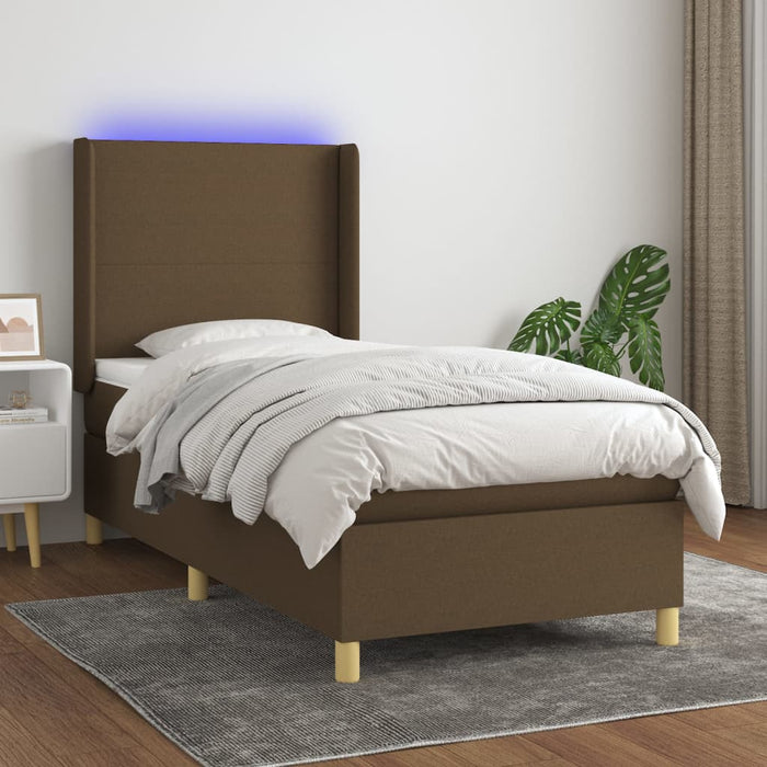 Pat cu arcuri, saltea și LED, maro închis, 90x200 cm, textil WALTI