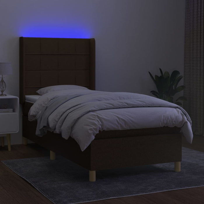 Pat cu arcuri, saltea și LED, maro închis, 80x200 cm, textil WALTI