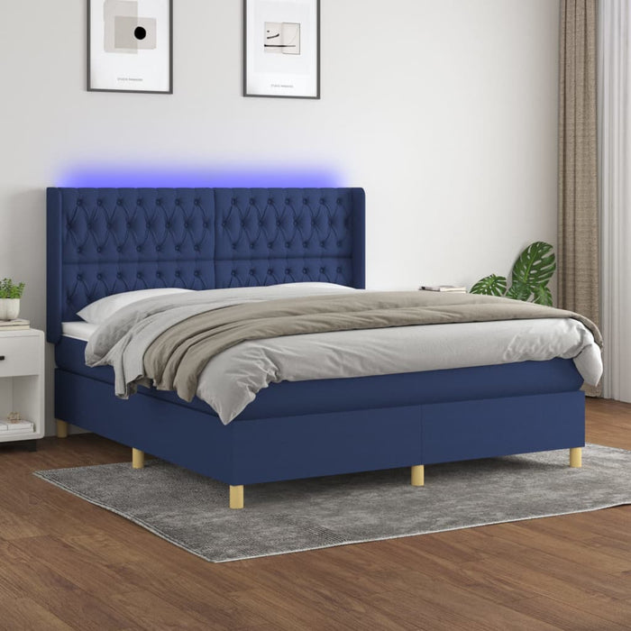 Pat cu arcuri, saltea și LED, albastru, 160x200 cm, textil WALTI