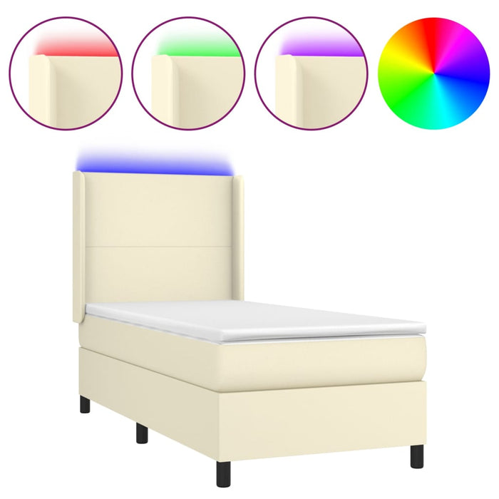 Pat cu arcuri, saltea și LED, crem, 90x190 cm, piele ecologică WALTI