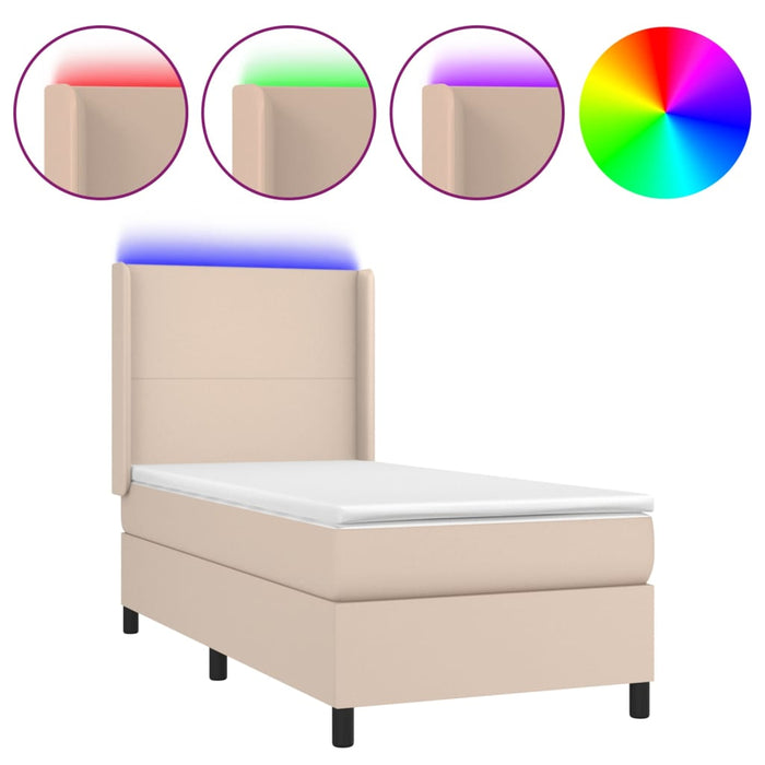 Pat cu arcuri, cu saltea și LED cappuccino 90x190 cm, piele eco WALTI