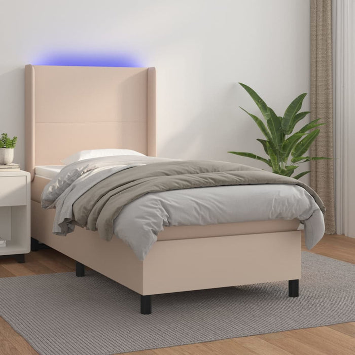 Pat cu arcuri, cu saltea și LED cappuccino 90x190 cm, piele eco WALTI