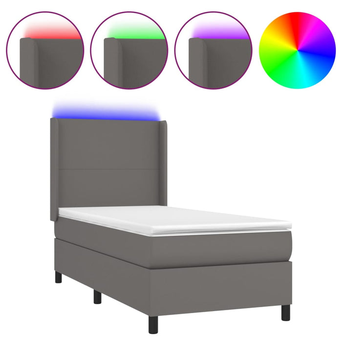 Pat cu arcuri, saltea și LED, gri, 90x200 cm, piele ecologică WALTI